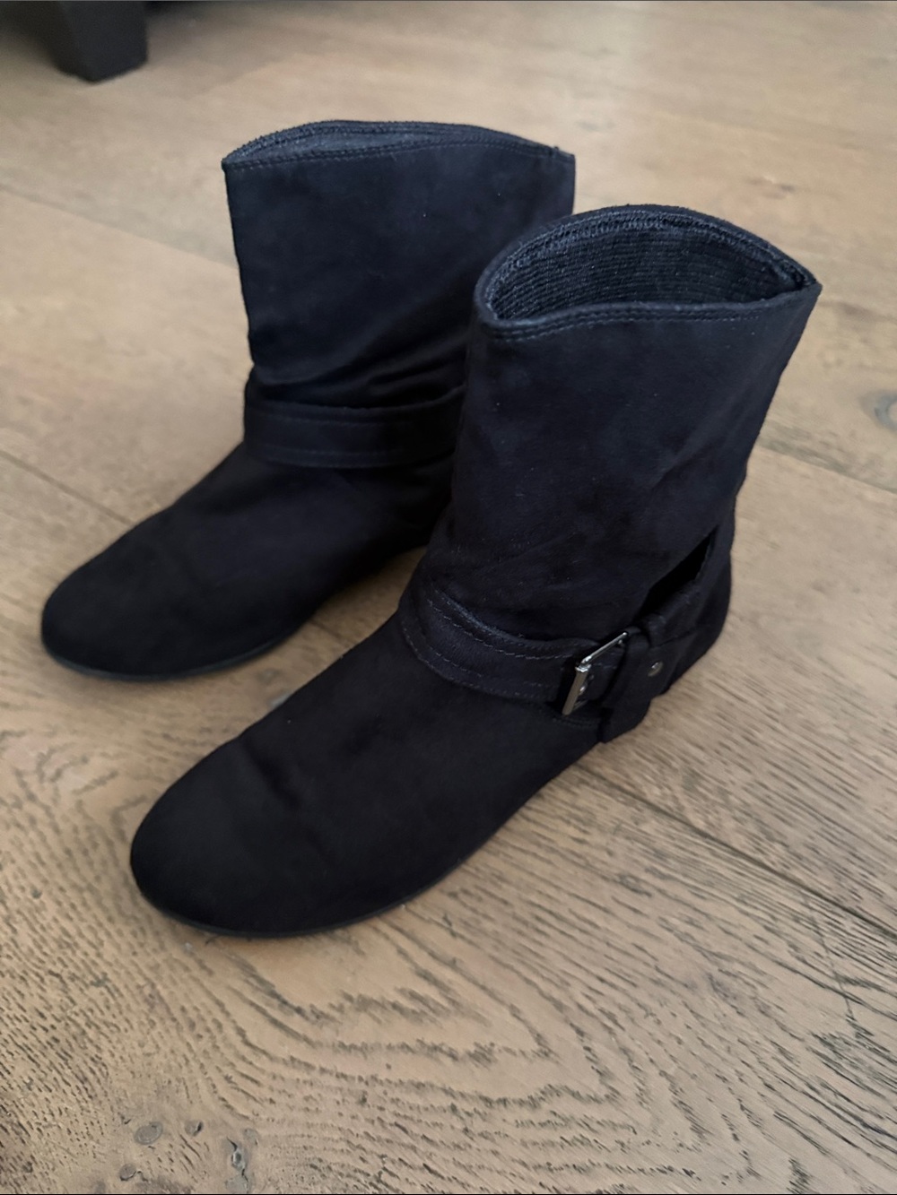 LOWER EAST SIDE Black Suede Ankle Boots with Buckle Strap